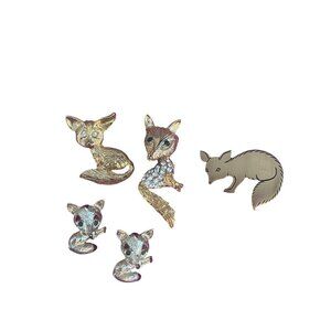 Vintage 5 Fox Pin Brooch Lot Gold Tone Rhinestones Enamel Gerrys Estate Animal